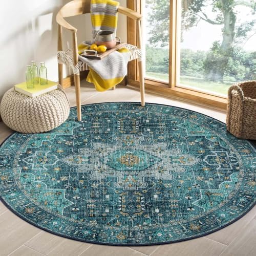 Moynesa Ultra-Thin Washable Round Rug - 4ft Oriental Circle Area Rugs for Bedroom Entryway, Teal Vintage Non Slip Non Shedding Low Pile Carpet for Living Room Coffee Table Kitchen by Moynesa