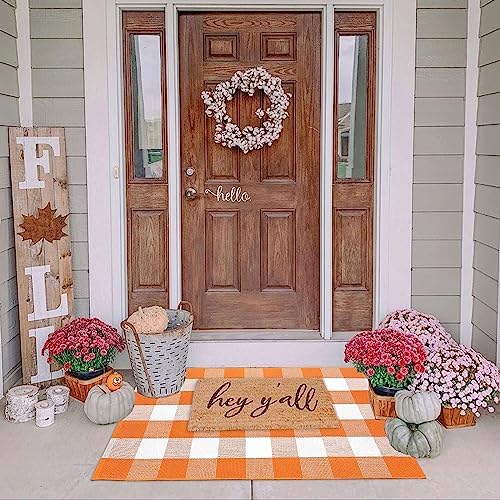 Fall Outdoor Rug Orange Buffalo Plaid Outdoor Rug Cotton Hand-Woven Buffalo Check Rug Layered Doormats for Front Door/Front Porch/Farmhouse/Entryway/Patio(Orange and White Plaid, 27.5'' x 43'') - Image 4