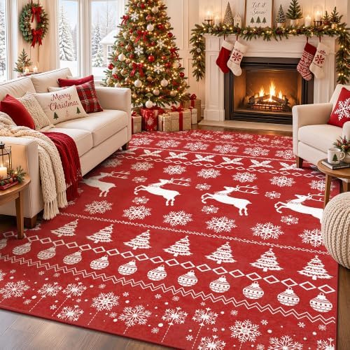 Christmas Red 5x7 Area Rugs for Living Room, Washable Rug Soft Non-Slip Low Pile Christmas Tree Elk Snowflake Carpet for Kitchen Bedroom Kids Nursery Holiday Throw Home Decor(Red Elk) by Yarooge