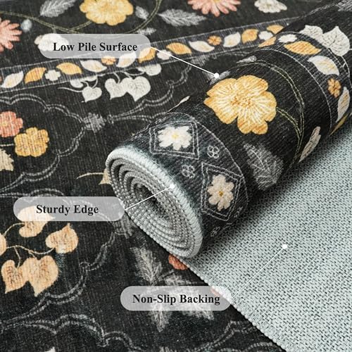 Washable Kitchen 2x10 Runner Rug: Non-Slip Long Hallway Entryway Rugs Indoor Low Pile Carpet for Bedroom Laundry Stain Resistant Vintage Soft Thin Floor Decor Mat for Bathroom (Floral/Black,2x10) - Image 6