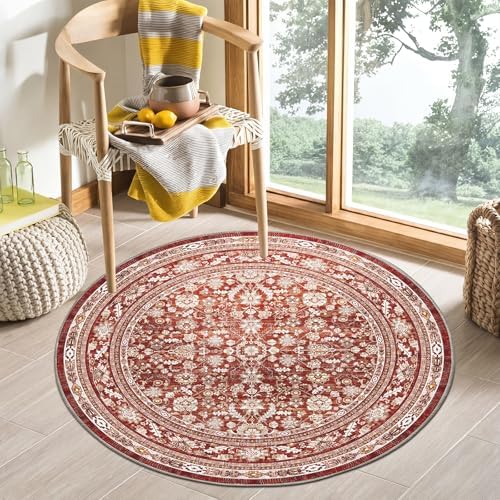 OPPODREAM Vintage RED Area Rugs 4' Round, Washable Rug for Living Room by OPPODREAM