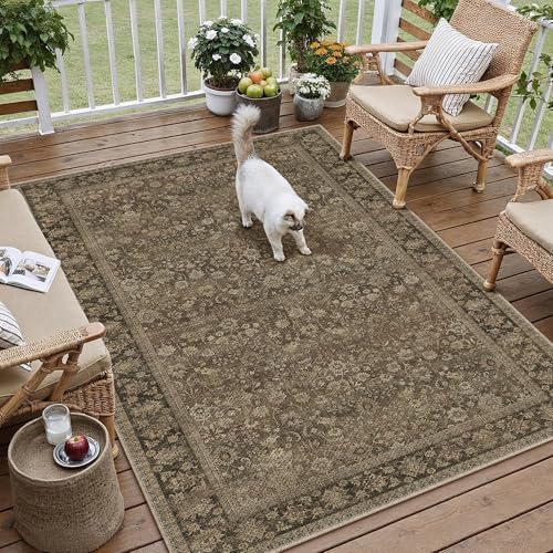 HUGEAR 4x6 Brown Linen Look Washable Area Rug for Entryway by HUGEAR
