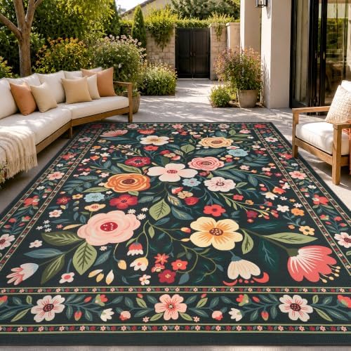 PADOOR Outdoor Rug 6x9 ft, Floral Washable Indoor Outdoor Area Rug, Flat‑Woven with Quick Dry Patio Carpet, Fade & Shed Resistant, Non‑Slip for Patio, Deck, Backyard, Porch, Living Room, Charcoal Grey by PADOOR