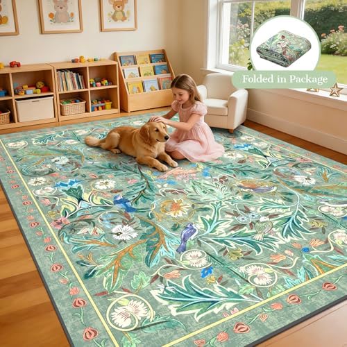 nesrt Washable 8'x10' Living Room Area Rug, Boho Jungle Bird Floral Large Indoor Rug, Soft Non-Slip Decorative Rug for Dining Room, Bedroom, Home Study, Game Room and Farmhouse Decor (Green) - Image 6