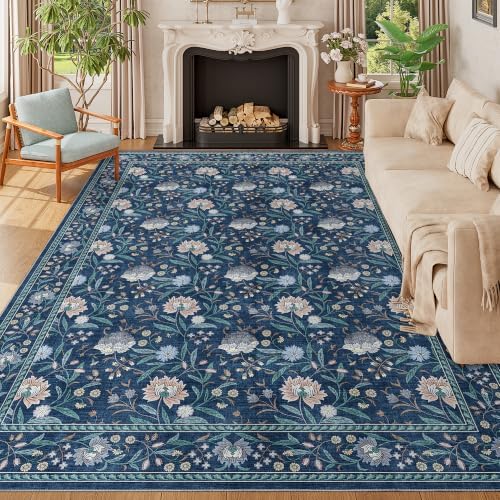 DUKINO 9x12 Area Rug for Living Room Vintage Floral Washable Rug, Dark Blue by DUKINO