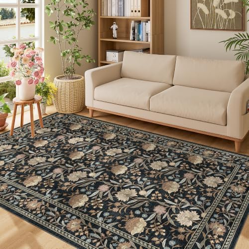 DUKINO 5x8 Area Rug, Vintage Floral Washable Rugs for Living Room, Black - Image 5