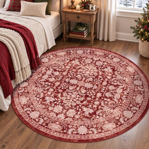 Washable 6ft Round Christmas Dorm Rug Soft Boho Xmas Red Throw Carpet - Image 2