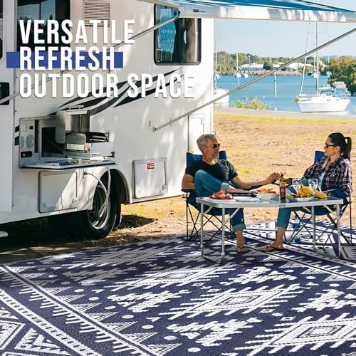 OLANLY Outdoor Rug 5x8 ft Waterproof Reversible Boho Mat, Navy & White - Image 7