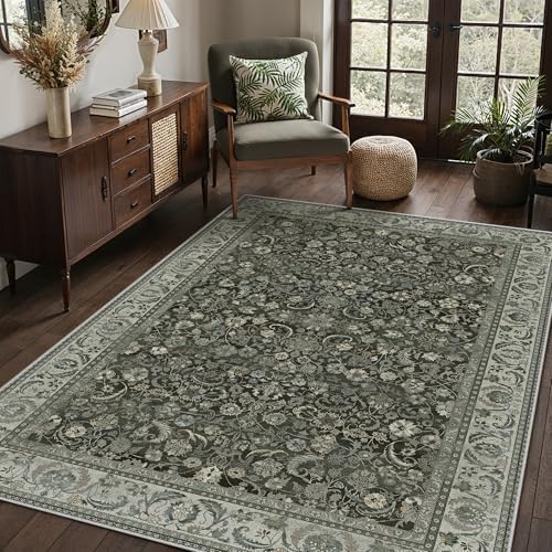PureCozy Black Area Rug 5x7 Living Room Vintage Floral Non-Slip Carpet - Image 3