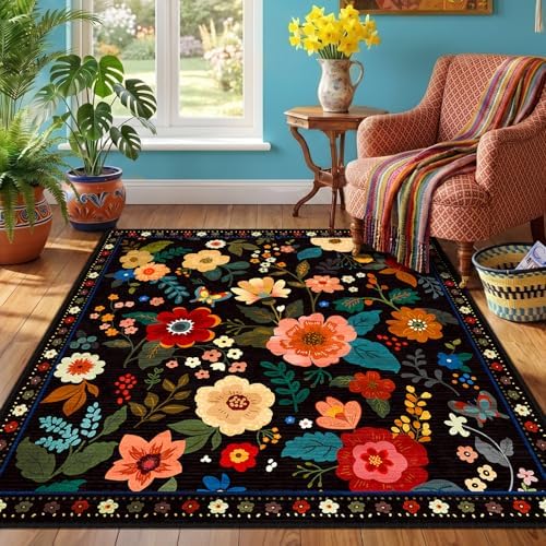 RELEANY Floral Washable Square 4ft Area Rug Black - Image 2