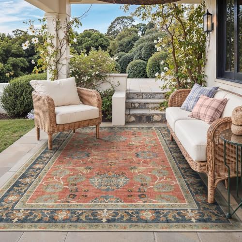 GENIMO Indoor Outdoor Rug, Washable for Patio and Deck, Rust Blue, 5x8 by GENIMO