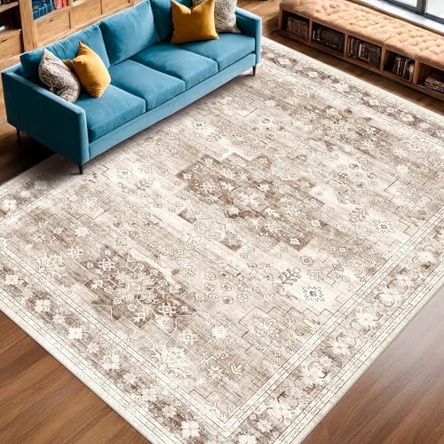Hazo Haus Beige Farmhouse Washable 7x10 Area Rugs for Living Room, Bedroom, Dining Room Table, Vintage Floral Décor, Non-Slip Stain & Fade Resistant (7x10 Beige/Latte) by HazoHaus