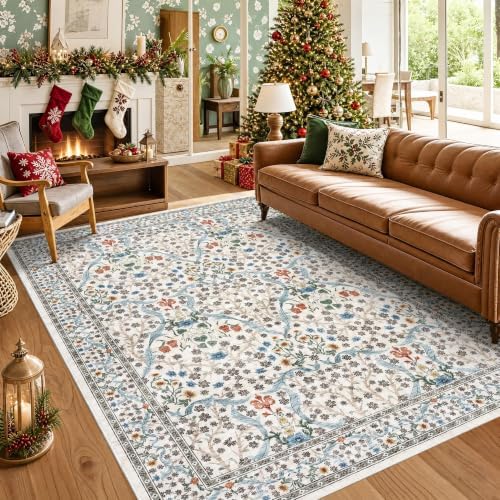 GarveeHome Beige Floral 8x10 Washable Area Rug for Living Room Bedroom by GarveeHome
