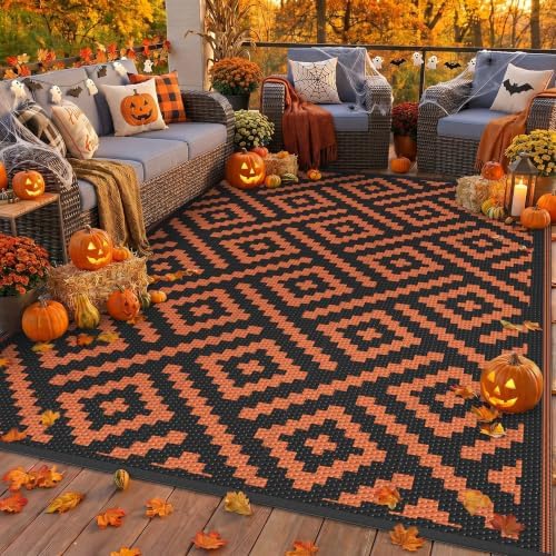 GENIMO Outdoor Rug, Waterproof Plastic Rugs for Patio, 6'x9' Black Orange by GENIMO