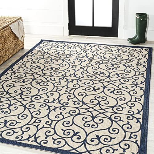 JONATHAN Y Vintage Filigree Indoor Outdoor Area Rug 5X8 Navy/Beige, Madrid Textured Weave for Backyard, Patio, Porch, Easy-Cleaning, High Traffic, Pet-Friendly, Non-Shedding (SMB107G-5) - Image 3