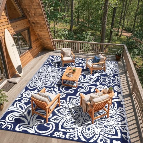 Findosom Waterproof Outdoor Rug 8' x 10' - Reversible Mandala Outdoor Plastic Straw Rug, Durable Foldable Patio Rug for RV, Deck, Balcony, Backyard, Picnic, Porch, Camping, Beach, Navy - Image 5