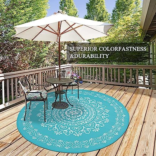 Pauwer Outdoor Rug 6ft, Waterproof Plastic Straw Camping Rug, Floral Teal - Image 4