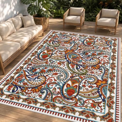 Arenarug Paisley Waterproof Outdoor Rug 5x8, UV Resistant, White Multi by ArenaRug