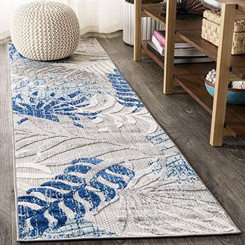 JONATHAN Y Tropics Palm Leaves Indoor Outdoor Runner Rug 2X10 Gray/Blue - Image 3