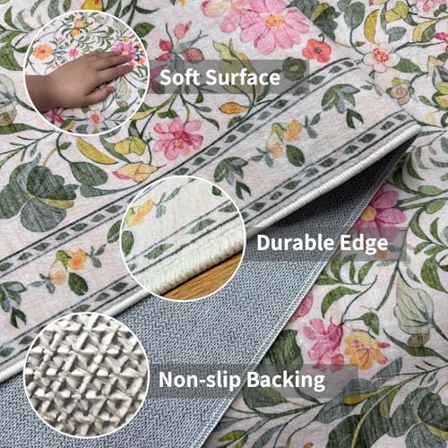 2x6 Soft Washable Runner Rugs: Velvet Feel & 5-10 Degrees Warmer Underfoot - Cottagecore Floral Hallway Carpet for Bedroom Kitchen Entryway - Family & Pet Friendly (Blush Pink) - Image 4