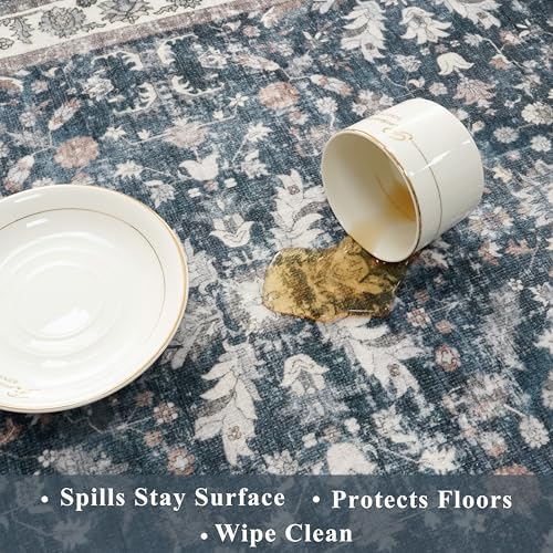 Kitchen Rug Sets 4-Piece with Runner – Washable Non-Slip Floor Mats for Sink, Entryway, Hallway, Bathroom – Soft Low-Pile Thin Boho Floral Rugs, New Home Decor (Blue, 2x3+2x4+2x5+2x6) - Image 5