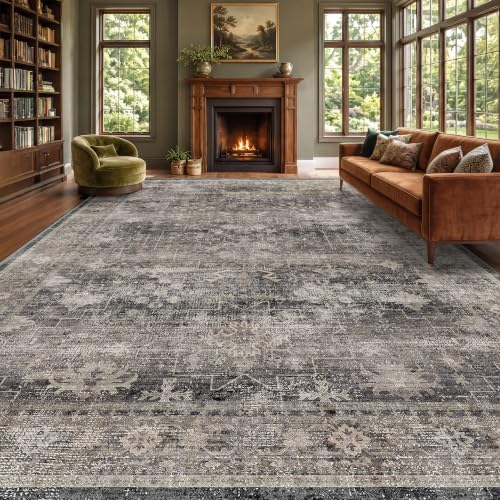 Modern 10x12 Large Area Rugs for Living Room, Charcoal Stone Minimalist Oriental Washable Boho Black Rug for Bedroom Under Bed with Distressed Geometric Design, Stain Resistant Low Pile Non-Slip by Unknown
