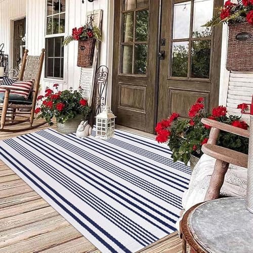 BUAGETUP Washable Outdoor Rug 3'x 5',Blue and White Cotton Front Porch Rug - Image 4