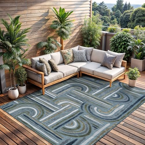CAMILSON Indoor Outdoor Rug, Aqua 6x9 Geometric Arch Striped Area Rugs for Patio and Home Areas, Easy-Cleaning Non-Shedding Living Room, Garden and Deck Washable Outside Carpet (6 x 9) - Image 4