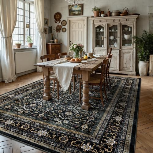 6x9 Area Rugs - Washable Vintage Retro Living Room Rug, Soft Ultra Thin Non Slip Low Pile Traditional Distressed Boho Carpet for Bedroom Dining Room Nursery Home Office, Black & Gold - Image 4
