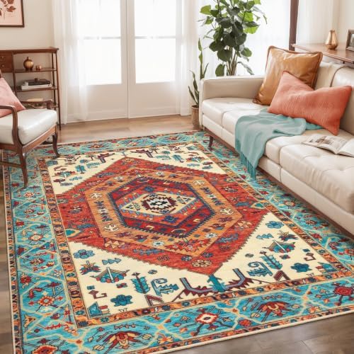 SERISSA 5x7 Washable Non Slip Boho Area Rug for Living Room，Orange by SERISSAHomeDecorCollection