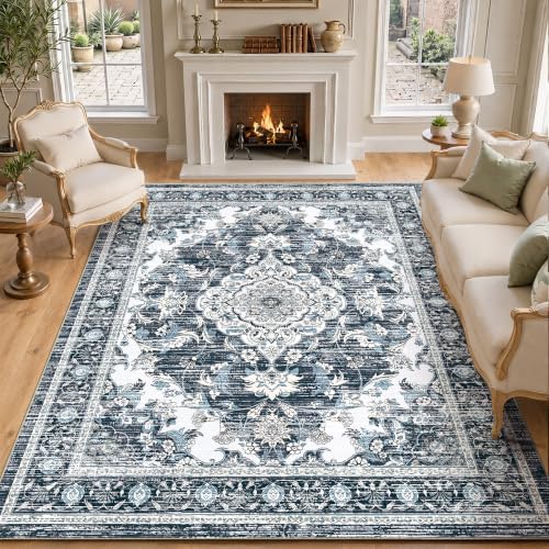 8x10 Area Rugs for Living Room, Boho Washable Non Slip Carpet, Dark Blue by tubeamin