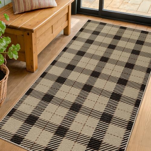 JTJ Easy Jute 3x6 Kitchen Runner Rug, Black & Beige Plaid, Washable - Image 3