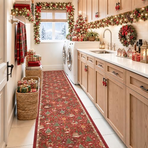 Christmas 2x12 Runner Rugs for Hallway, Red Non Slip Washable Kitchen Rug - Image 4