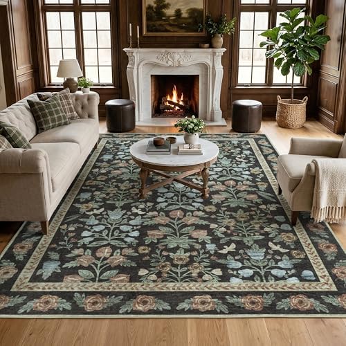 SparkleGaze Vintage Gold Black Floral Living Room Rug, 8x10 Washable Area Rugs for Dining Room Under Kitchen Table, Bedroom, Farmhouse Forest Ultra Soft Low Pile Stain Resistant Non-Slip Large Carpet by SparkleGaze