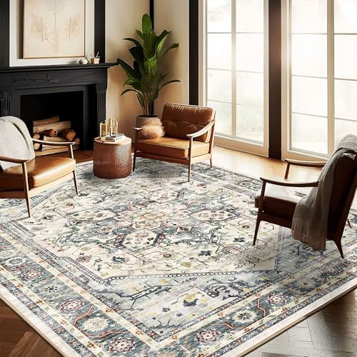 CHAMPLANT Washable Area Rug 10'x14' Cyan Khaki Retro Flowers Boho Design Non-Shedding Easy Care Ideal for High Traffic Areas in Living Room Bedroom Office Coffee Table Kitchen Large Carpet by CHAMPLANT