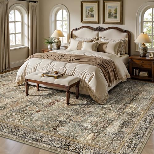 9x12 Area Rugs for Living Room - Washable Vintage Retro Large Rug, Soft Ultra Thin Non Slip Low Pile Traditional Distressed Boho Carpet for Bedroom Dining Room Home Office, Charcoal Olive - Image 3