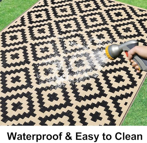Smiry Outdoor Rug 9x12 ft Waterproof Reversible Boho Mat, Black & Beige - Image 2