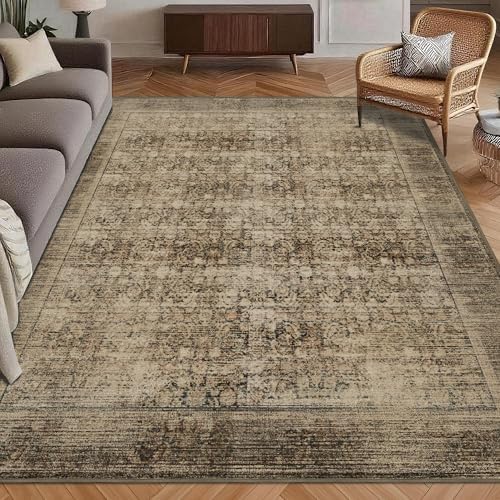 Washable Area Rug 4' x 6' Vintage Traditional Persian Mat - Foldable Distressed Non-Slip Machine Washable Carpet for Living Room Bedroom Kitchen Home Decor - Mocha and Taupe by Unknown