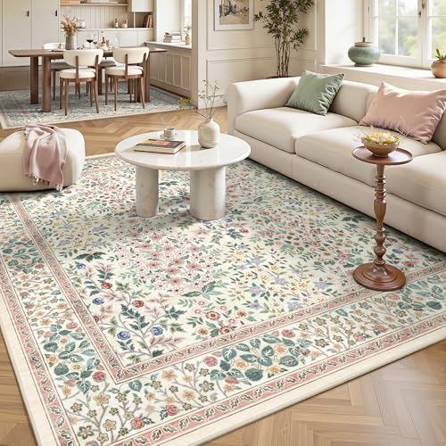 6x6 Square Area Rugs, Machine Washable Low Pile Floral Rugs for Living Room, Bedroom, Large Boho Area Rug with Non-Slip Backing for Dining Room(Pink Floral) by Yarooge
