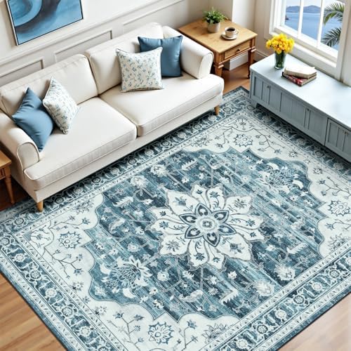 5x7 Washable Area Rugs for Living Room, Blue White Vintage Boho Rug by Vibrug