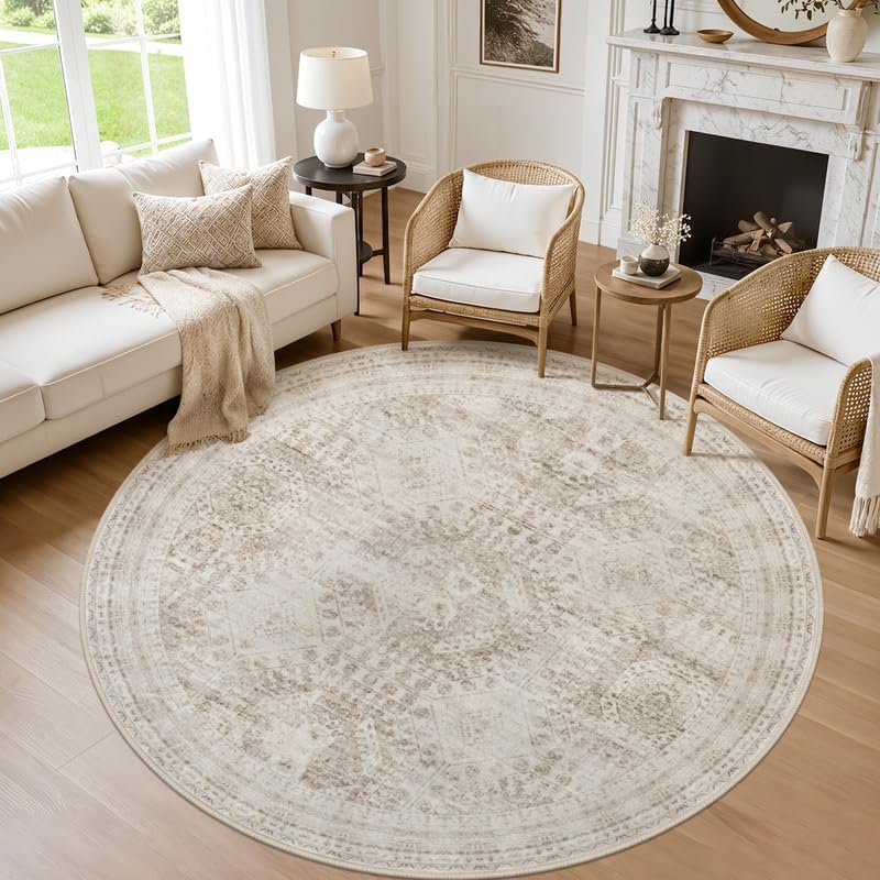 Round Area Rug Living Room: 8ft Neutral Washable Carpet Rug Brown by Luxturiy