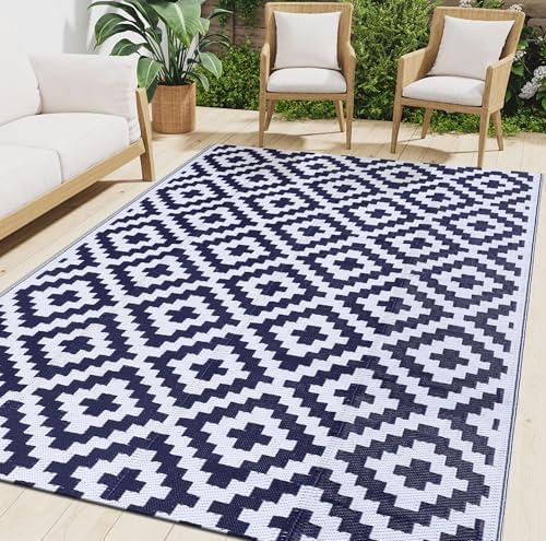 Smiry Outdoor Rug 9x12 ft Waterproof Reversible Boho Mat, White & Navy by Smiry