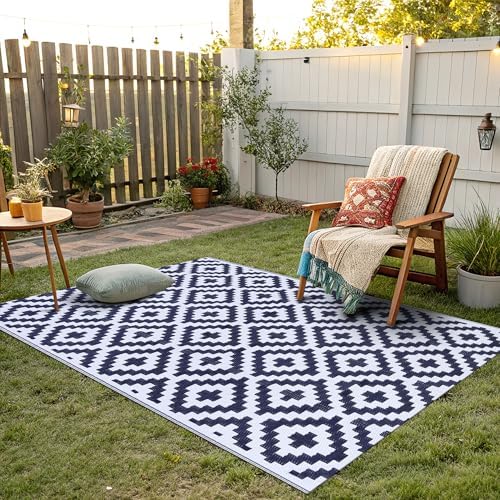 Smiry Outdoor Rug 4x6 ft Waterproof Reversible Boho Mat, White & Navy - Image 6