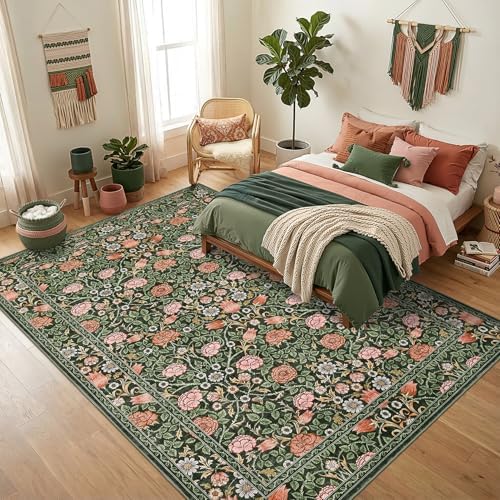 GarveeHome Dark Green Floral Washable Rug 5x7 for Bedroom Living Room - Image 2