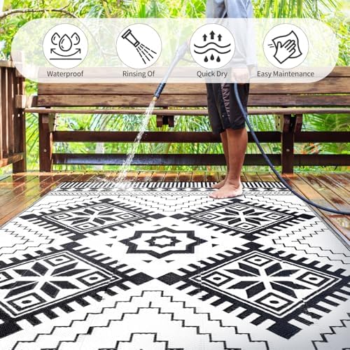 Waterproof Outdoor Rug 5x8ft, Boho Reversible Plastic Straw Mat for Patio RV Deck Porch Backyard Balcony Camping Picnic Beach Indoor Outdoor Carpet, Black&White - Image 3