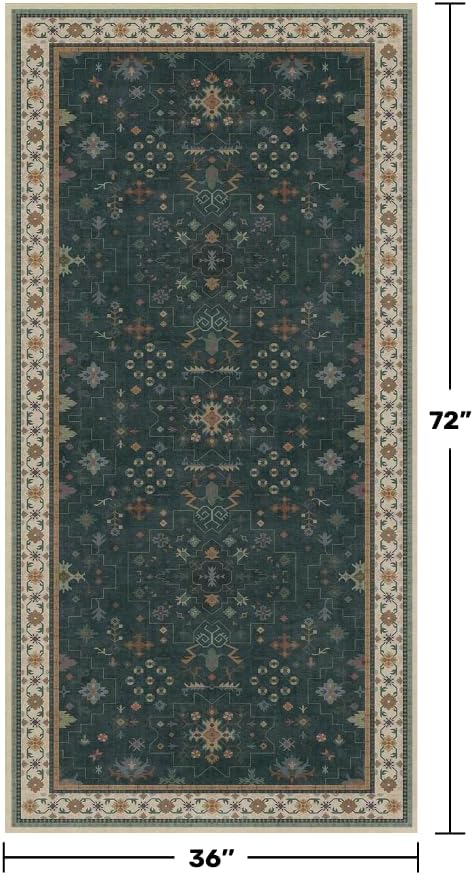 Dark Green Oushak 3x6 Kitchen Rug - Modern Vintage Boho Floral Moody, Washable Low Pile Non-Slip Area Rugs for Large Entryway, Door Mat Indoor Entrance, Kitchen, Bedroom Beside Bed - Image 2
