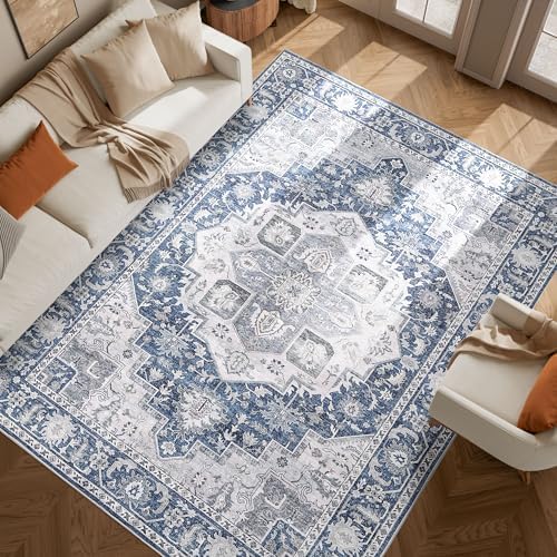 DUKINO 9x12 Rugs for Living Room, Soft Non-Slip Washable Area Rugs, Faux Wool Bedroom Rug with Non-Shedding, Indoor Low-Pile Boho Rugs for Dining Room, Home Office, Blue - Image 2