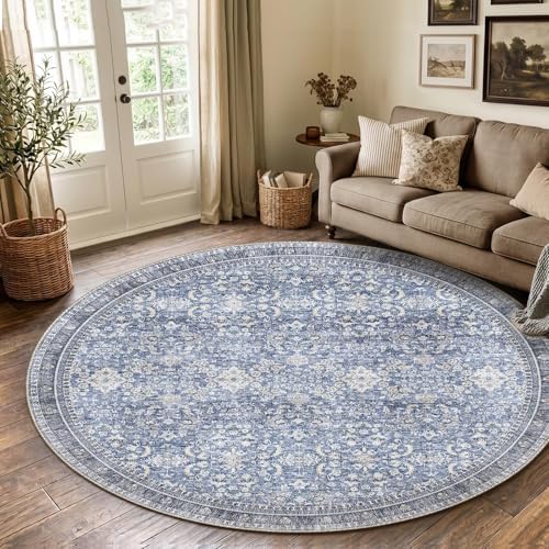 Sasttie Round Rug 8ft, Ultra-Soft Washable Rug for Living Room, Blue by SASTTIE