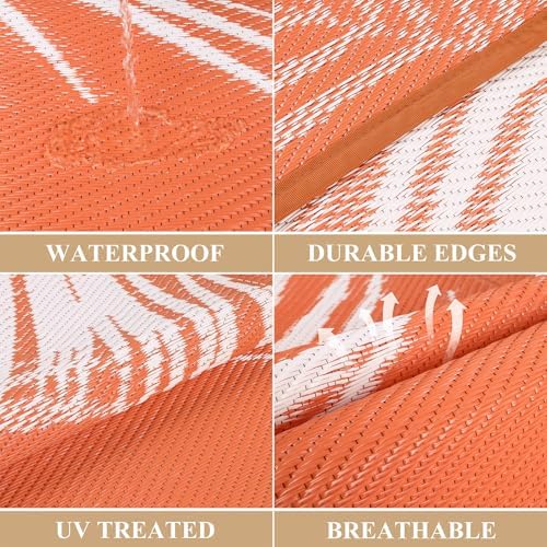 Pauwer Waterproof Outdoor Rug 8x10, Plastic Straw Patio Mat, Leaf Orange - Image 3