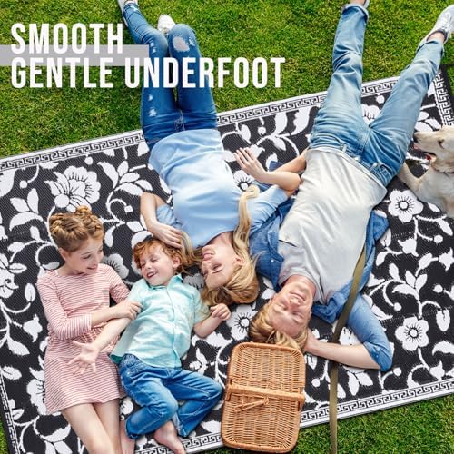 OLANLY Outdoor Rug 9x12 ft Waterproof Reversible Floral Mat, Black & White - Image 5